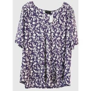 Lane Bryant Top Size 14/16 Purple White Floral V Neck Sheer Mesh Shirt NWT